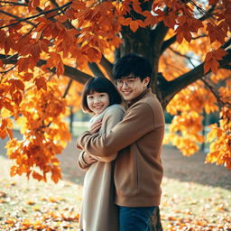 A heartwarming scene of a young couple hugging closely in an idyllic autumn setting, standing next to a stunning tree adorned with vibrant orange and brown leaves