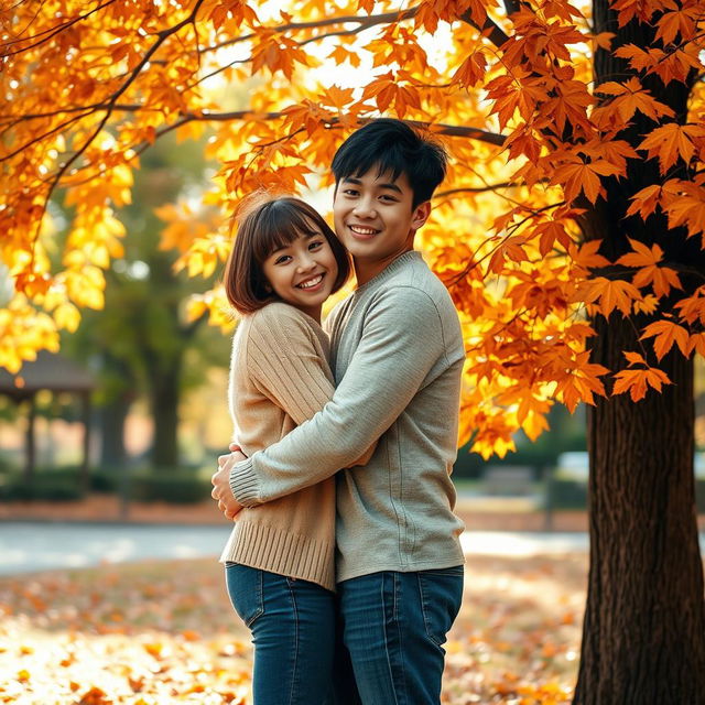 A heartwarming scene of a young couple hugging closely in an idyllic autumn setting, standing next to a stunning tree adorned with vibrant orange and brown leaves