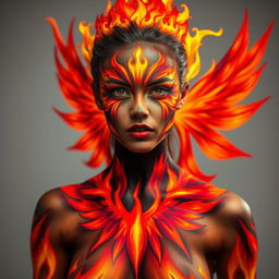 A striking depiction of a woman embodying a flaming phoenix through face and body paint in a vibrant and powerful manner