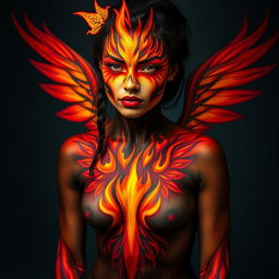 A striking depiction of a woman embodying a flaming phoenix through face and body paint in a vibrant and powerful manner