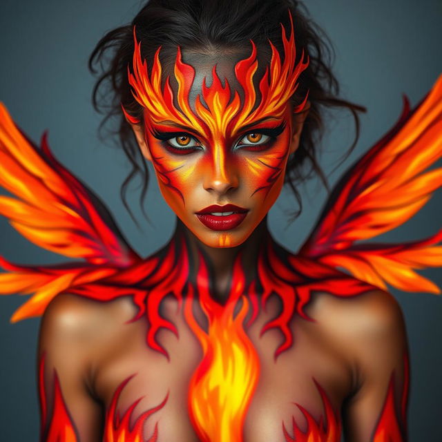 A striking depiction of a woman embodying a flaming phoenix through face and body paint in a vibrant and powerful manner