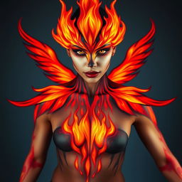 A striking depiction of a woman embodying a flaming phoenix through face and body paint in a vibrant and powerful manner