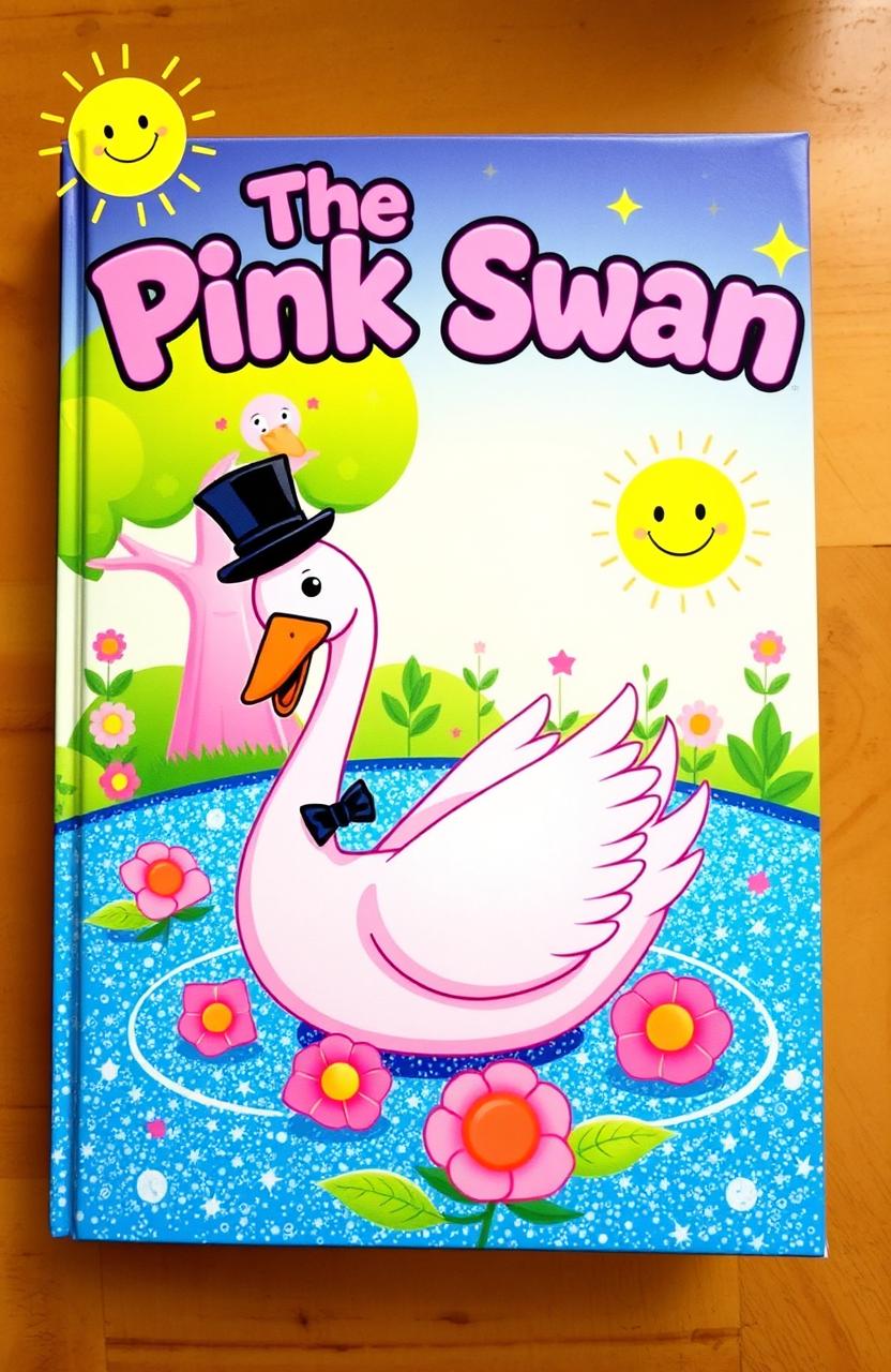 A whimsical and colorful book cover for a fantasy comedy titled 'The Pink Swan'