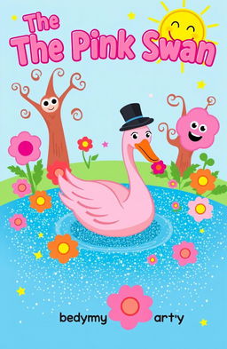 A whimsical and colorful book cover for a fantasy comedy titled 'The Pink Swan'