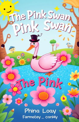 A whimsical and colorful book cover for a fantasy comedy titled 'The Pink Swan'