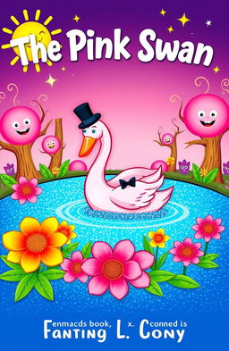 A whimsical and colorful book cover for a fantasy comedy titled 'The Pink Swan'