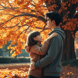 A heartfelt scene of a young couple, both teenagers, intimately hugging in a beautiful autumn setting next to a magnificent tree adorned with vibrant orange and brown leaves