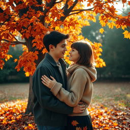 A heartfelt scene of a young couple, both teenagers, intimately hugging in a beautiful autumn setting next to a magnificent tree adorned with vibrant orange and brown leaves