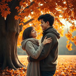 A heartfelt scene of a young couple, both teenagers, intimately hugging in a beautiful autumn setting next to a magnificent tree adorned with vibrant orange and brown leaves
