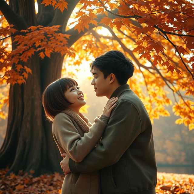 A heartfelt scene of a young couple, both teenagers, intimately hugging in a beautiful autumn setting next to a magnificent tree adorned with vibrant orange and brown leaves