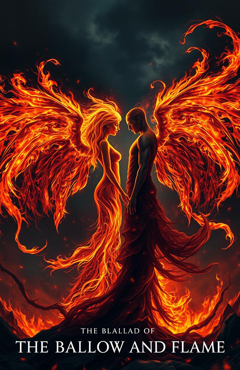 A striking scene depicting a woman made entirely of fire, her flowing flames forming intricate, ethereal fire wings that emanate a warm glow