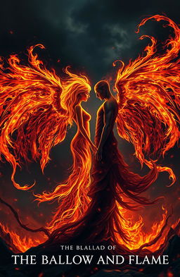 A striking scene depicting a woman made entirely of fire, her flowing flames forming intricate, ethereal fire wings that emanate a warm glow