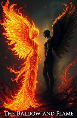 A striking scene depicting a woman made entirely of fire, her flowing flames forming intricate, ethereal fire wings that emanate a warm glow
