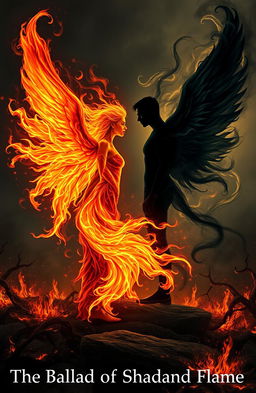 A striking scene depicting a woman made entirely of fire, her flowing flames forming intricate, ethereal fire wings that emanate a warm glow