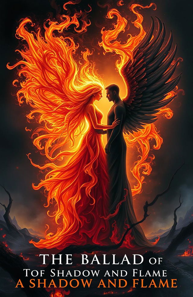 A striking scene depicting a woman made entirely of fire, her flowing flames forming intricate, ethereal fire wings that emanate a warm glow