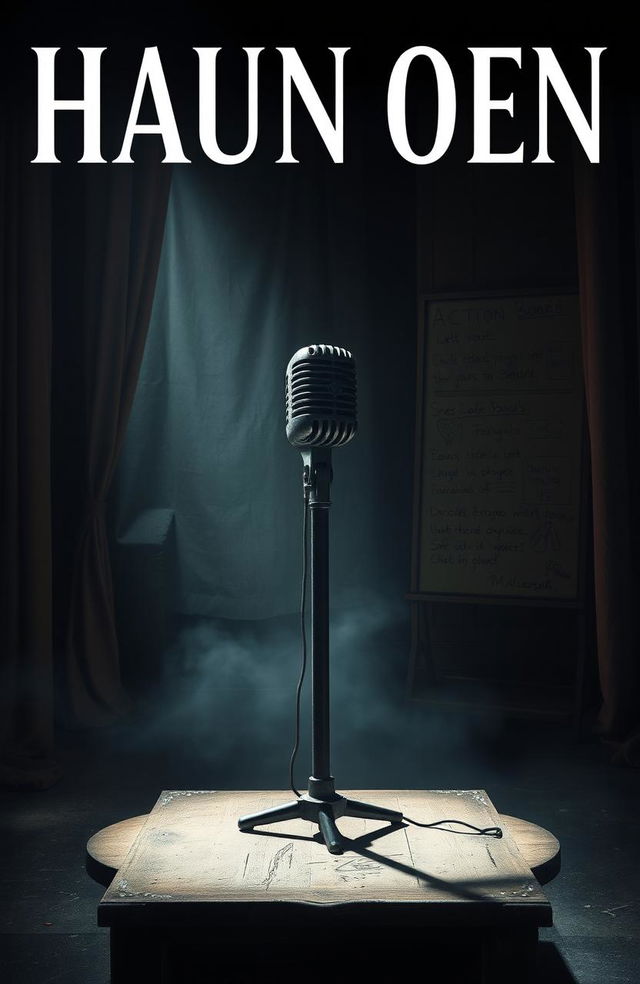 A hauntingly beautiful book cover design featuring an abandoned stage set in a dimly lit, eerie atmosphere