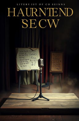 A hauntingly beautiful book cover design featuring an abandoned stage set in a dimly lit, eerie atmosphere