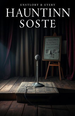 A hauntingly beautiful book cover design featuring an abandoned stage set in a dimly lit, eerie atmosphere