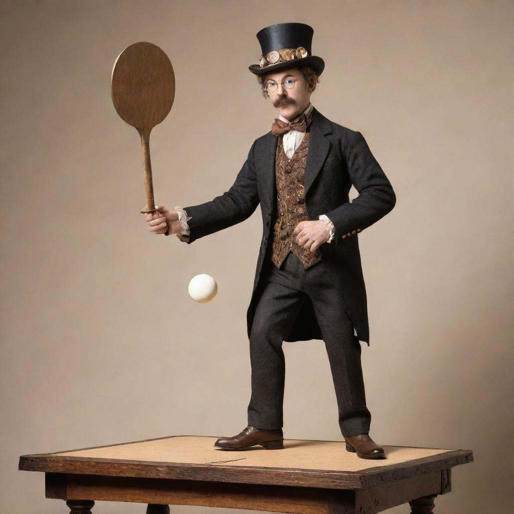 Inventive depiction of a steampunk table tennis player, dressed in Victorian-era ensemble updated for agility. His paddle comprised of sturdy wood and mechanical gears alongside a brass-bound, cork-centered ball, showcasing a game-set on a vintage, riveted iron ping pong table.