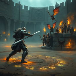 A dynamic scene set in a grand combat arena, designed for intense battles between humans and fae