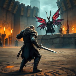 A dynamic scene set in a grand combat arena, designed for intense battles between humans and fae
