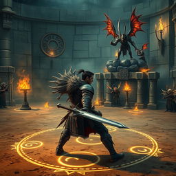 A dynamic scene set in a grand combat arena, designed for intense battles between humans and fae