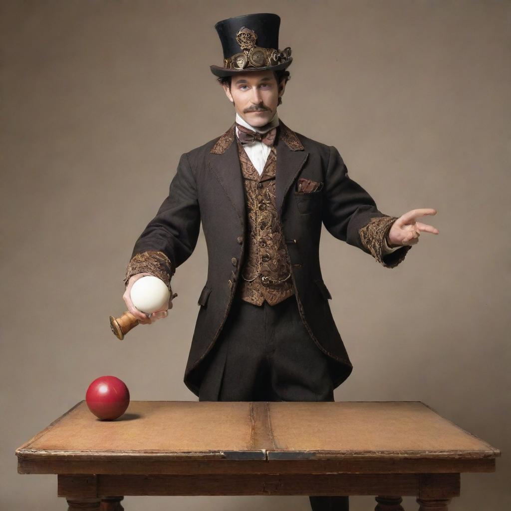 Inventive depiction of a steampunk table tennis player, dressed in Victorian-era ensemble updated for agility. His paddle comprised of sturdy wood and mechanical gears alongside a brass-bound, cork-centered ball, showcasing a game-set on a vintage, riveted iron ping pong table.