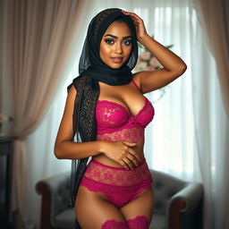 A young, beautiful woman wearing elegant lingerie and a stylish hijab, posing gracefully in a softly lit room
