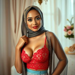 A young, beautiful woman wearing elegant lingerie and a stylish hijab, posing gracefully in a softly lit room