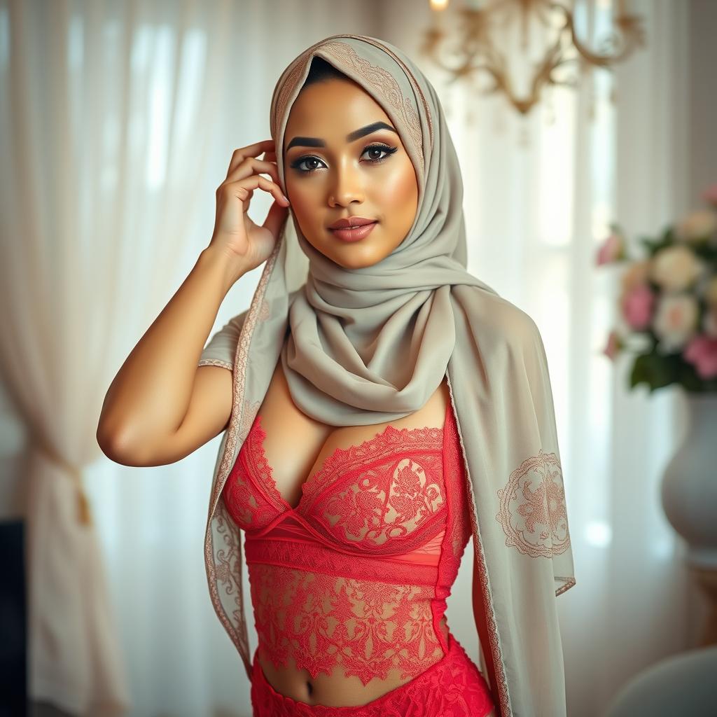 A young, beautiful woman wearing elegant lingerie and a stylish hijab, posing gracefully in a softly lit room