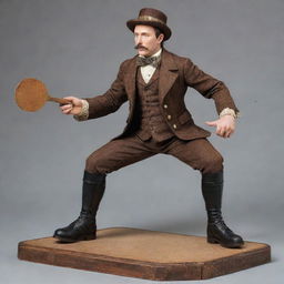 Inventive depiction of a steampunk table tennis player, dressed in Victorian-era ensemble updated for agility. His paddle comprised of sturdy wood and mechanical gears alongside a brass-bound, cork-centered ball, showcasing a game-set on a vintage, riveted iron ping pong table.