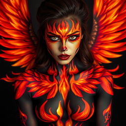 A powerful depiction of a woman adorned with striking body paint that embodies the essence of flames