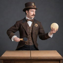 Inventive depiction of a steampunk table tennis player, dressed in Victorian-era ensemble updated for agility. His paddle comprised of sturdy wood and mechanical gears alongside a brass-bound, cork-centered ball, showcasing a game-set on a vintage, riveted iron ping pong table.