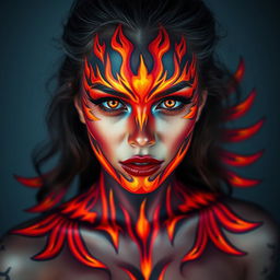 A powerful depiction of a woman adorned with striking body paint that embodies the essence of flames