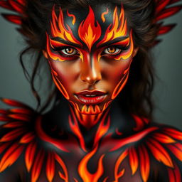 A powerful depiction of a woman adorned with striking body paint that embodies the essence of flames