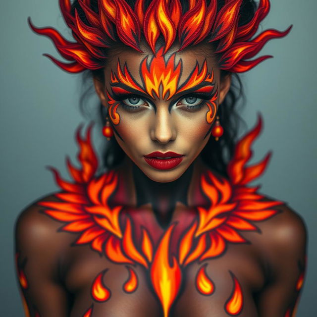 A powerful depiction of a woman adorned with striking body paint that embodies the essence of flames