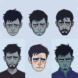 A collection of pixel art portraits featuring sad men with melancholic expressions