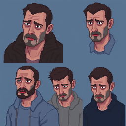 A collection of pixel art portraits featuring sad men with melancholic expressions