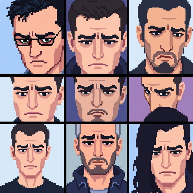 A collection of pixel art portraits featuring sad men with melancholic expressions