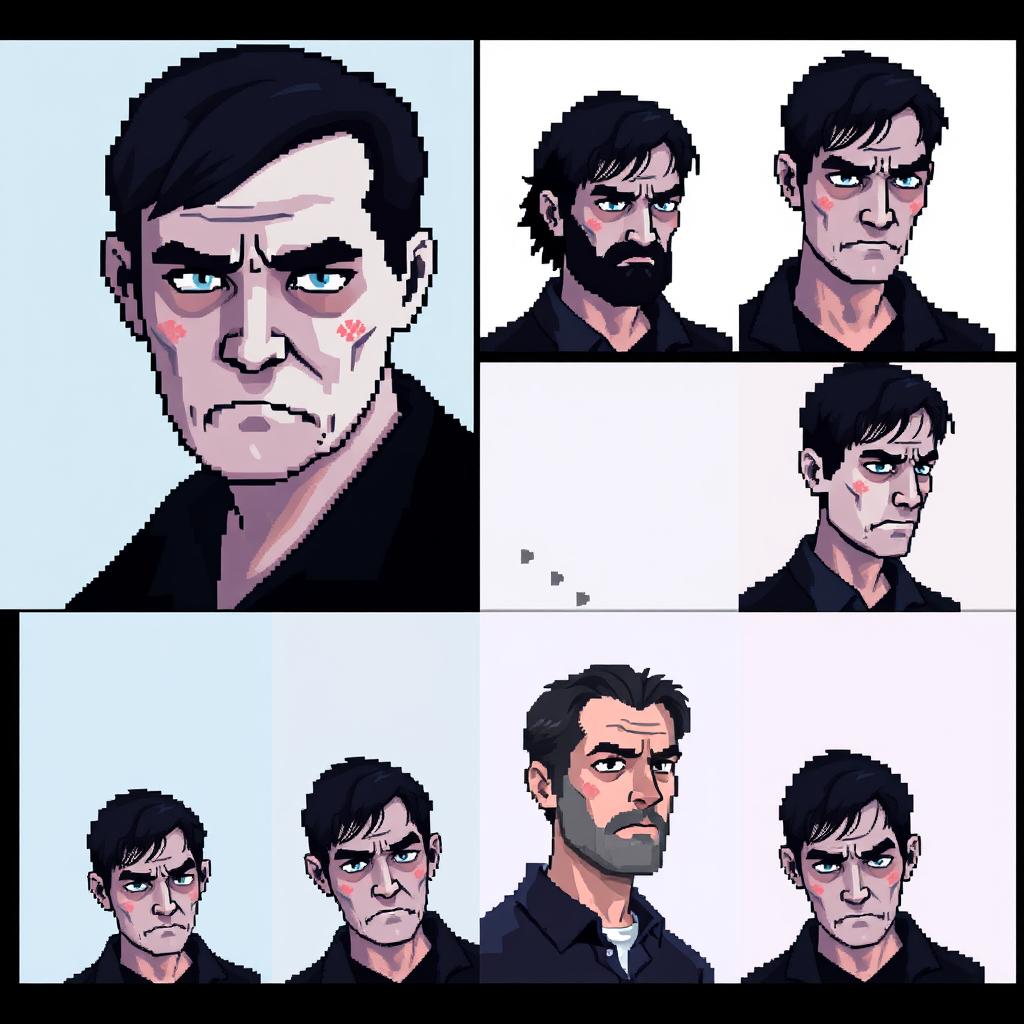 A collection of pixel art portraits featuring sad men with melancholic expressions