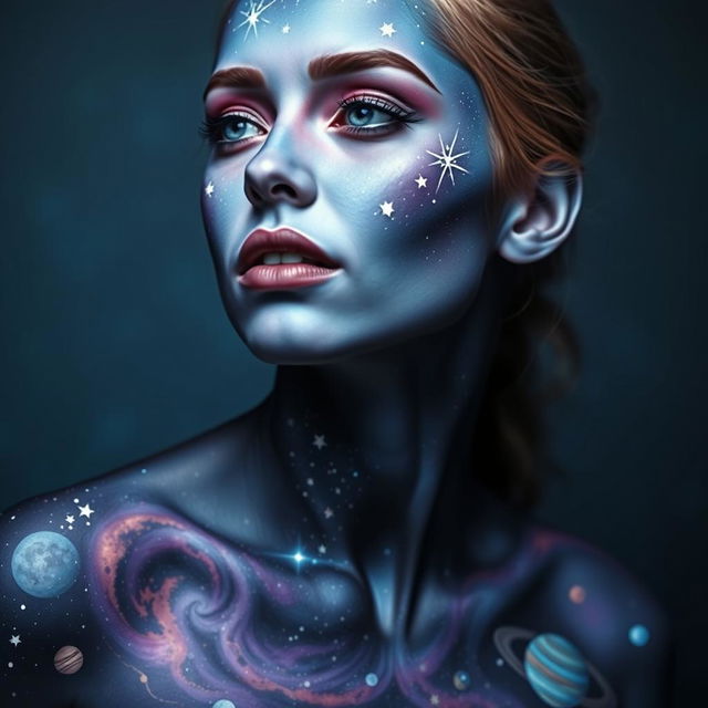 A captivating depiction of a woman adorned with cosmic-themed body paint