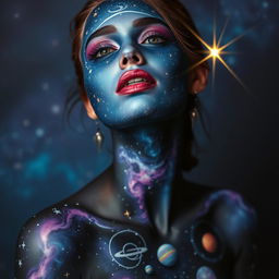 A captivating depiction of a woman adorned with cosmic-themed body paint