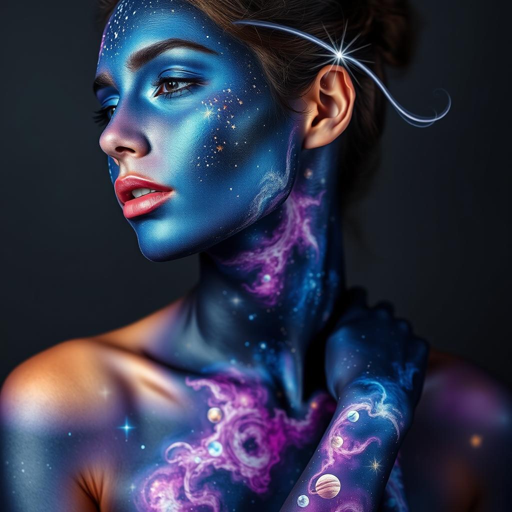 A captivating depiction of a woman adorned with cosmic-themed body paint