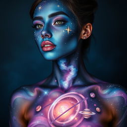 A captivating depiction of a woman adorned with cosmic-themed body paint