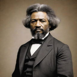 Create an image of Frederick Douglass standing tall, his figure exuding confidence and resilience. He is dressed in his signature style, reflecting his role as a social reformer and statesman. The background is neutral to highlight Douglass.