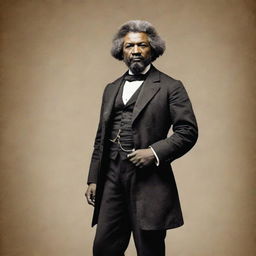 Create an image of Frederick Douglass standing tall, his figure exuding confidence and resilience. He is dressed in his signature style, reflecting his role as a social reformer and statesman. The background is neutral to highlight Douglass.