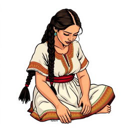 A three-quarter view illustration of an adult woman sitting on the floor, looking down