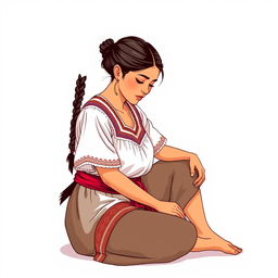 A three-quarter view illustration of an adult woman sitting on the floor, looking down