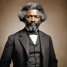 Create an image of Frederick Douglass standing tall, his figure exuding confidence and resilience. He is dressed in his signature style, reflecting his role as a social reformer and statesman. The background is neutral to highlight Douglass.