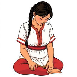 A three-quarter view illustration of an adult woman sitting on the floor, looking down